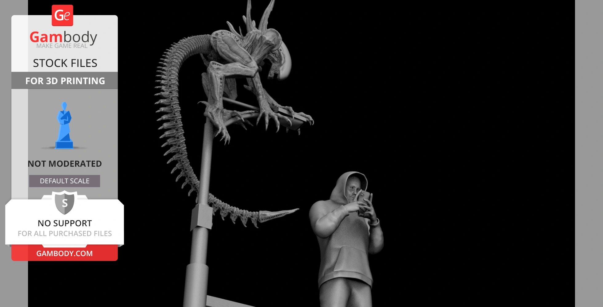 A xenomorph perched on a streetlight, observing a hoodie-wearing person looking at a phone.