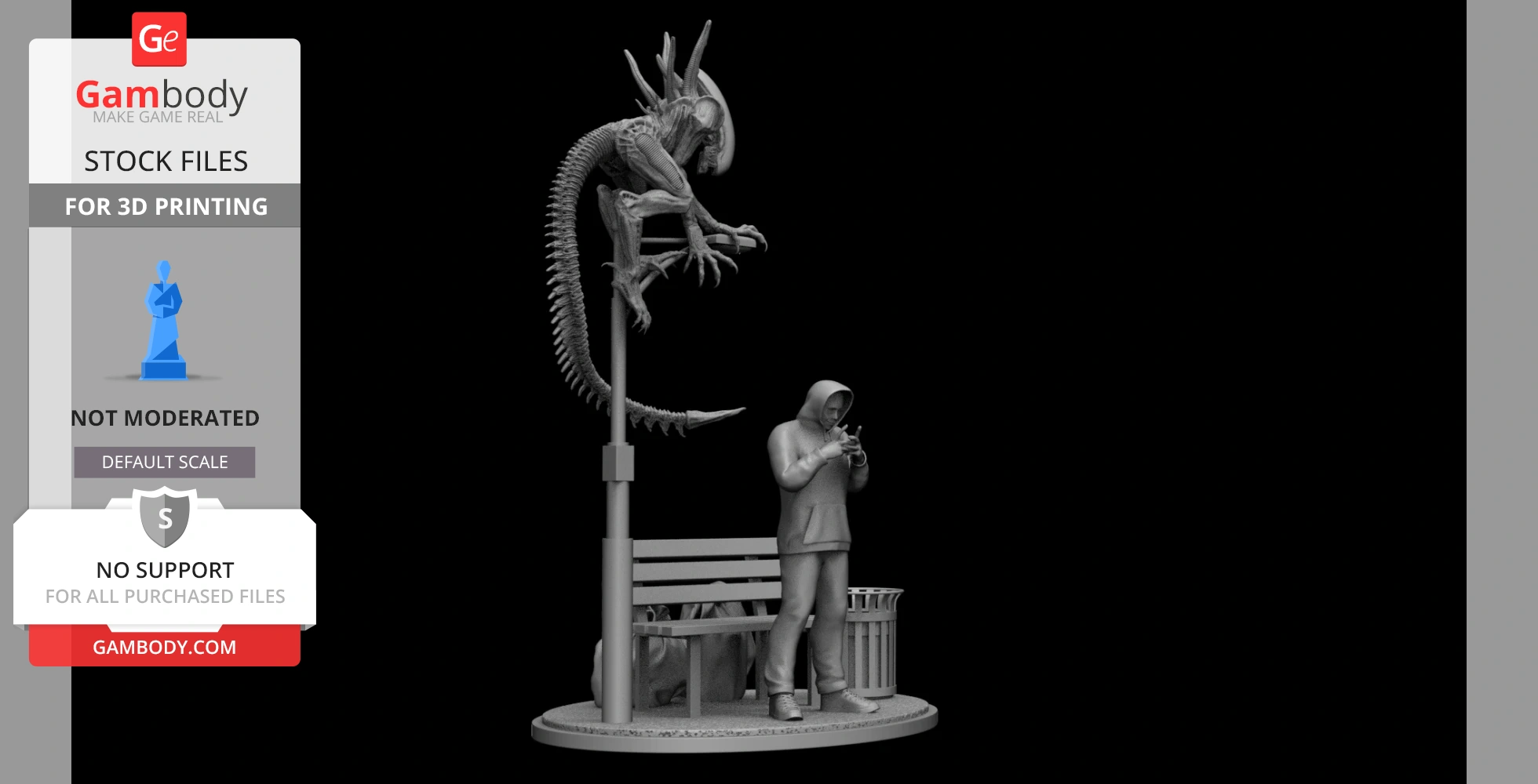 A Xenomorph perched on a streetlight, observing a hooded person using a phone beside a bench.