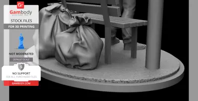 3D model of a street scene with a bench, standing figure, and tied bundles on a textured base.