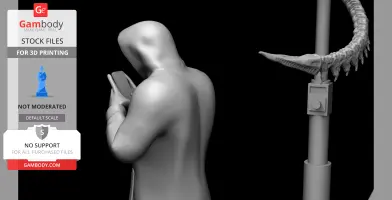 A hooded figure using a smartphone, with an alien-like tail emerging from a pole nearby.