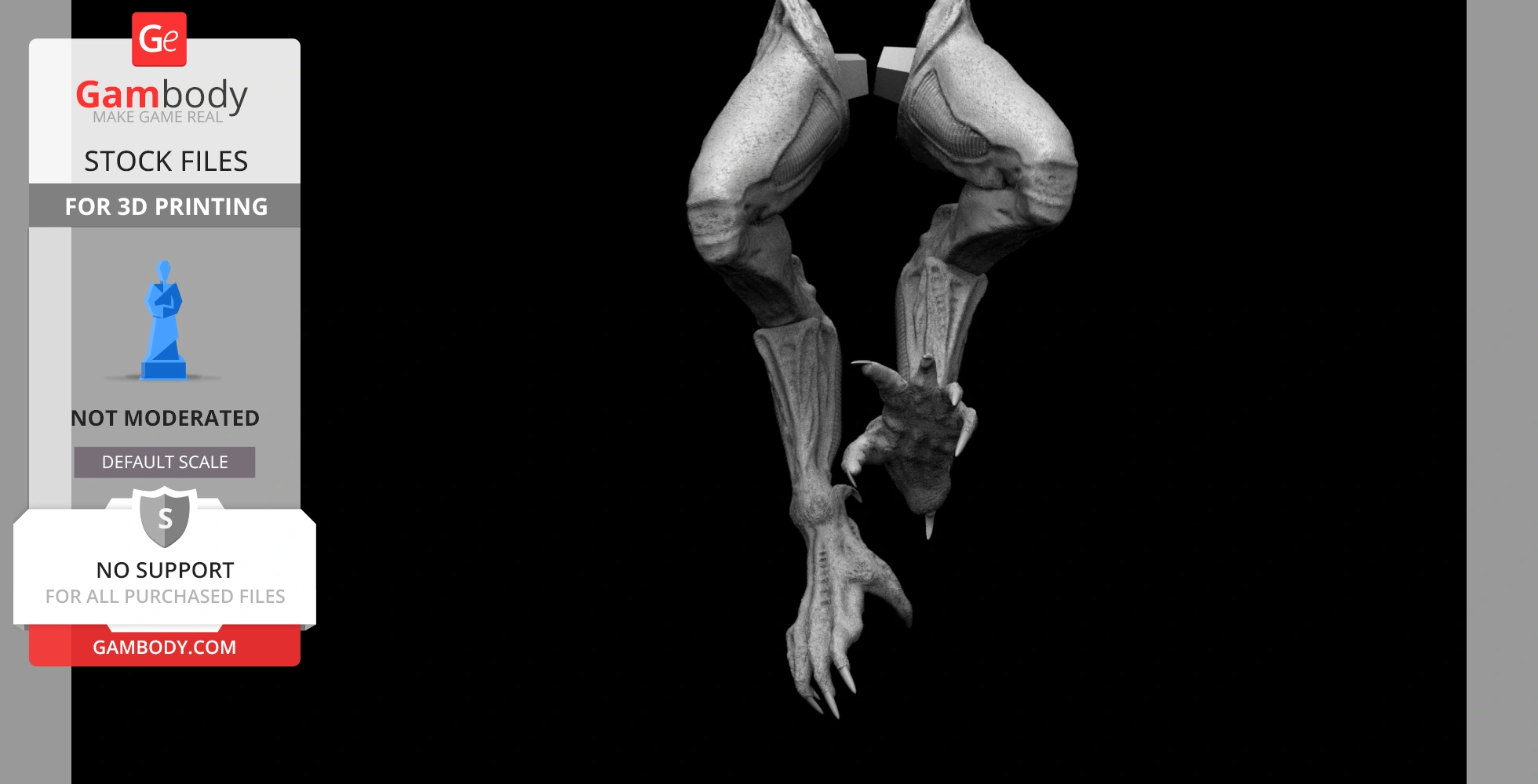 Alien Xenomorph legs and claws in a 3D printable model on a black background.