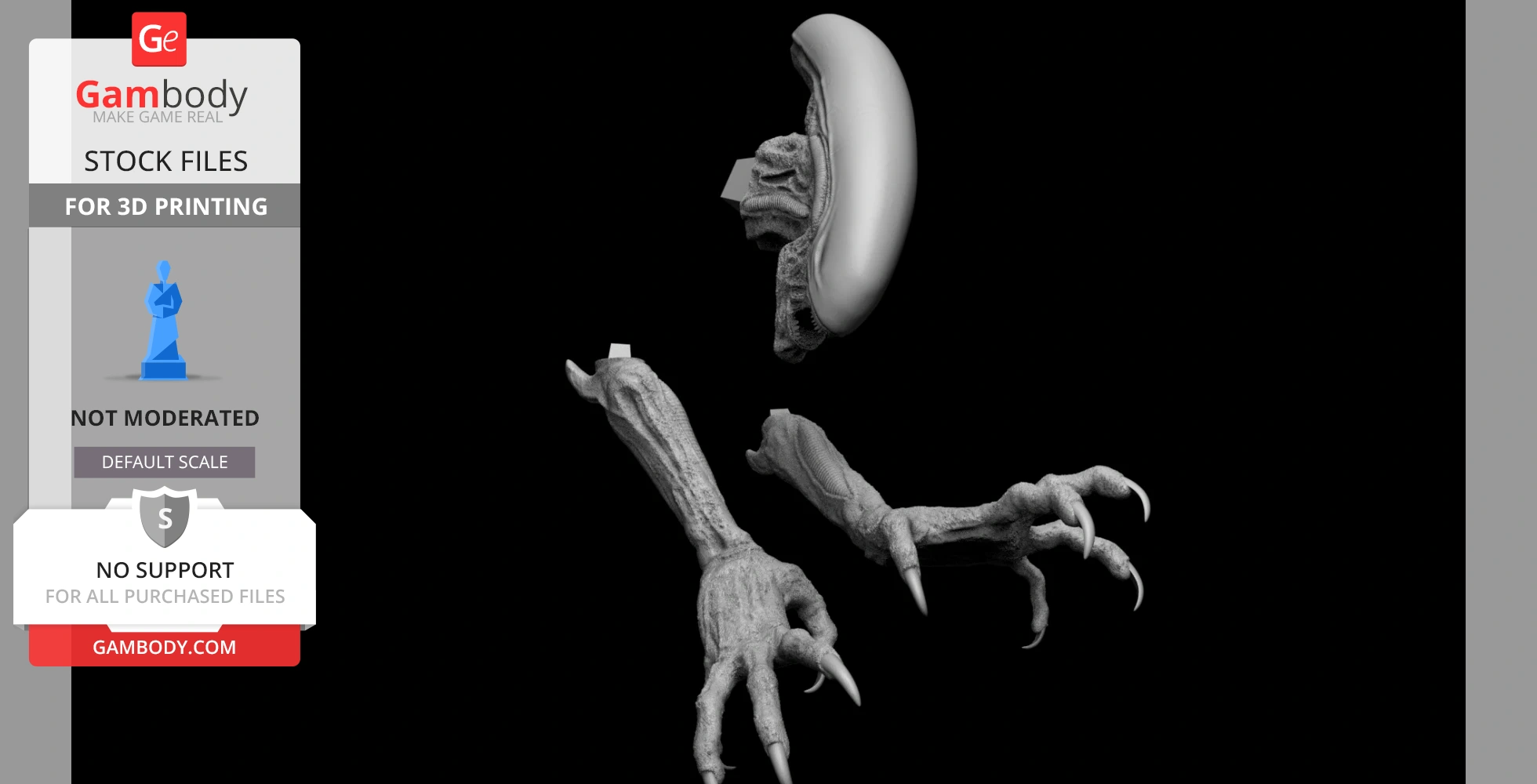 Alien Xenomorph partial model for 3D printing: head, claws, and hands disassembled.