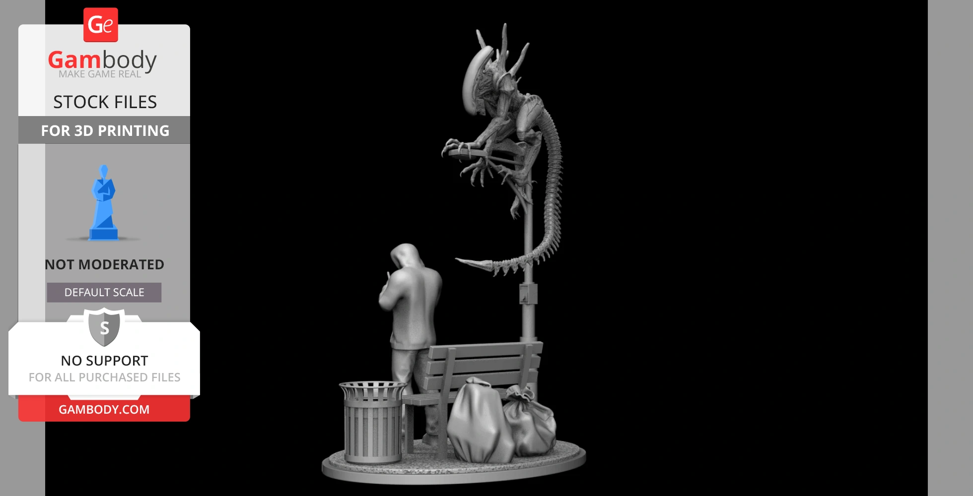 A hooded person stands by a bench with bags nearby, while an alien Xenomorph perches on a pole above.