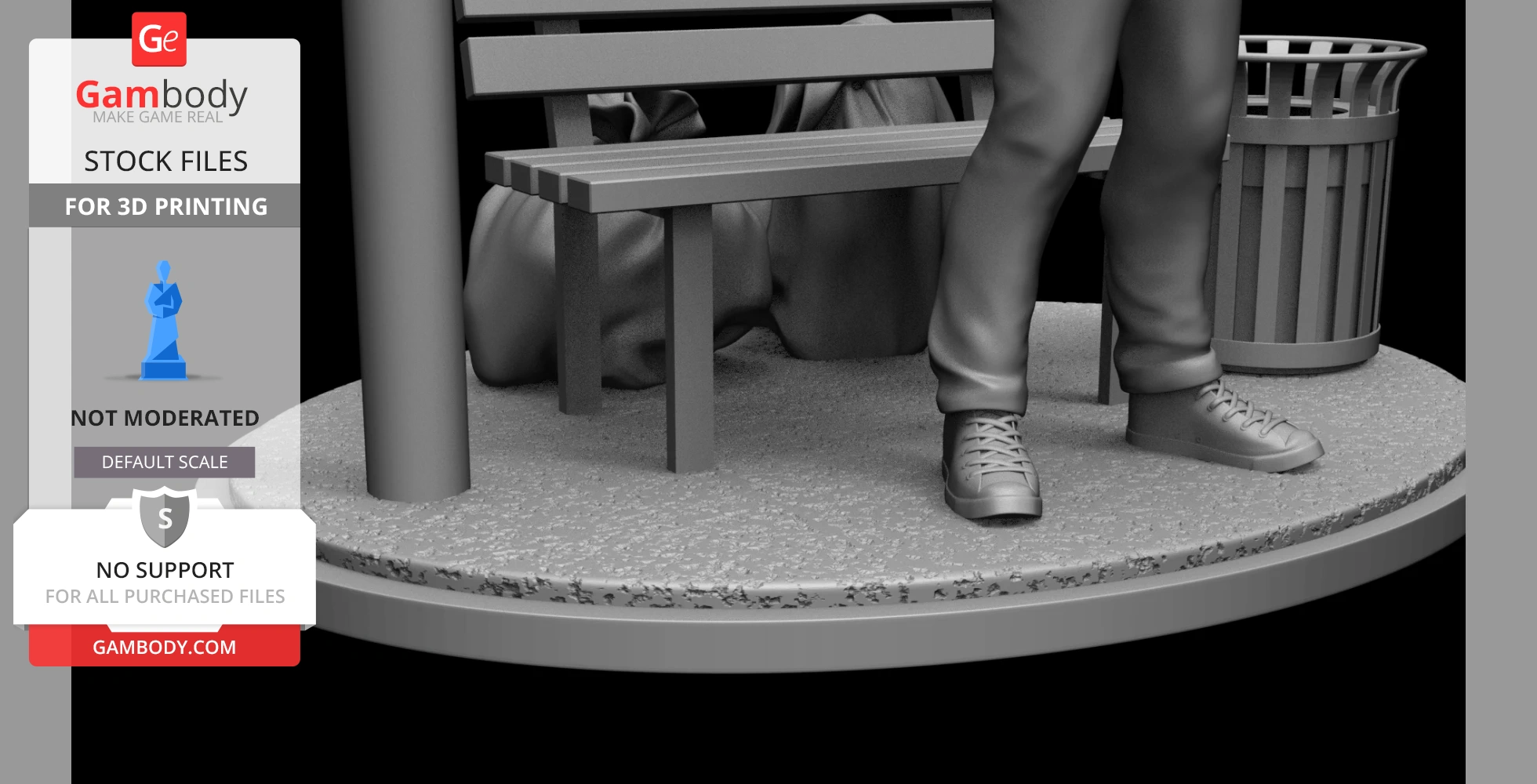 3D model of sneakers and legs standing near a bench with a figure hiding underneath, next to a trash can.