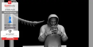 A figure in a hoodie looks at their phone while an alien tail looms behind them.