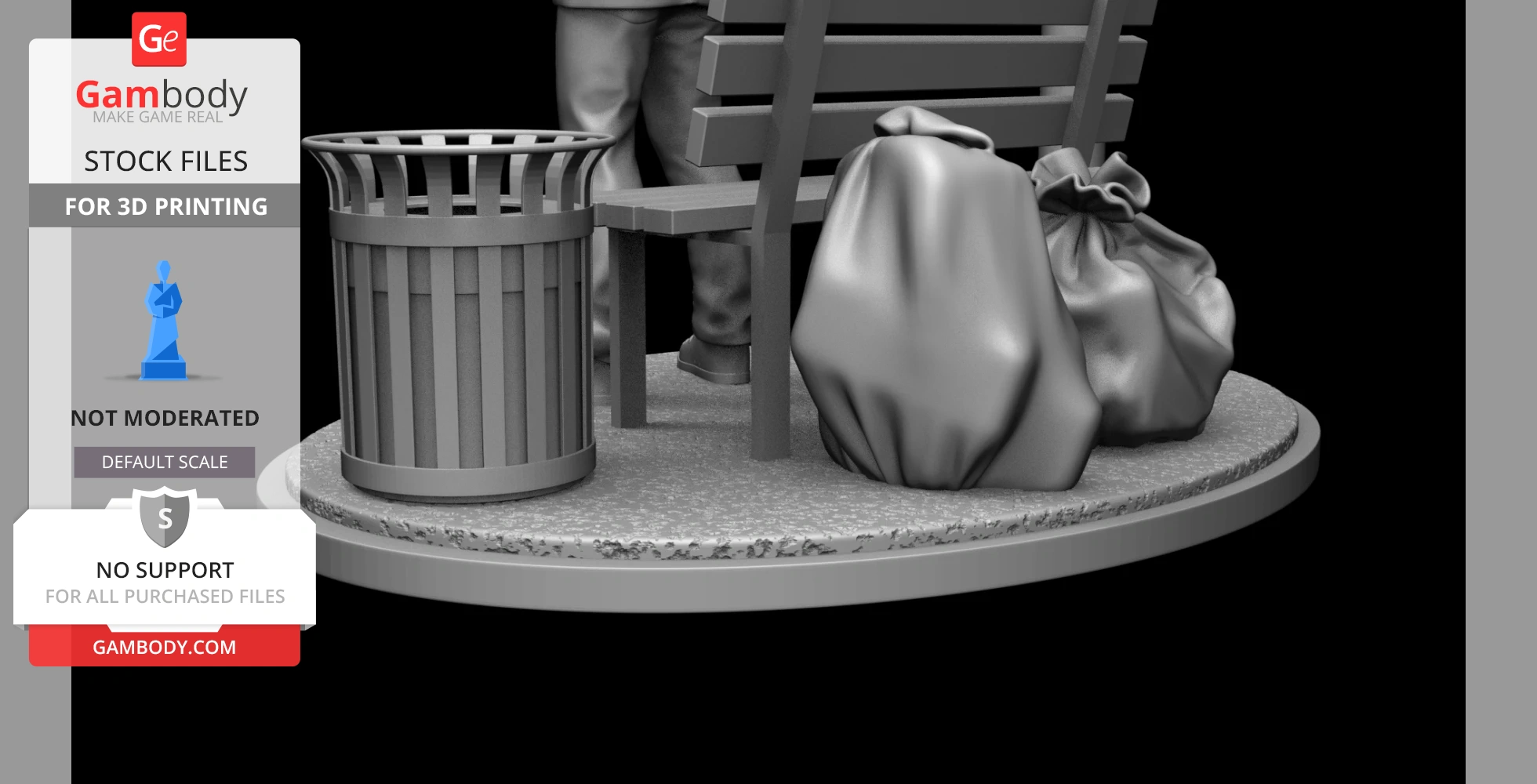 A 3D model of a park scene with a bench, trash can, and bags on a textured base.