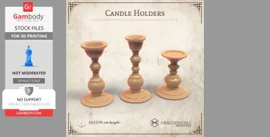 Three ornate candle holders in varying heights for 3D printing, displayed on a textured background.