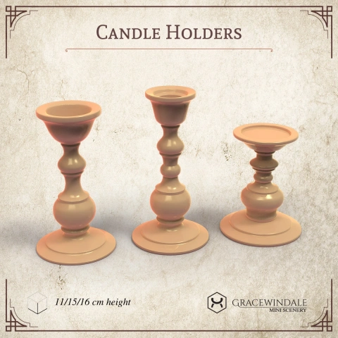 Set of three elegant, ornately shaped candle holders in various heights.