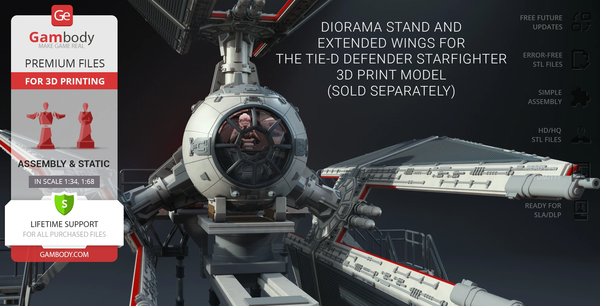 Detailed TIE-D Defender 3D model for printing, featuring pilot and stand, from Star Wars.