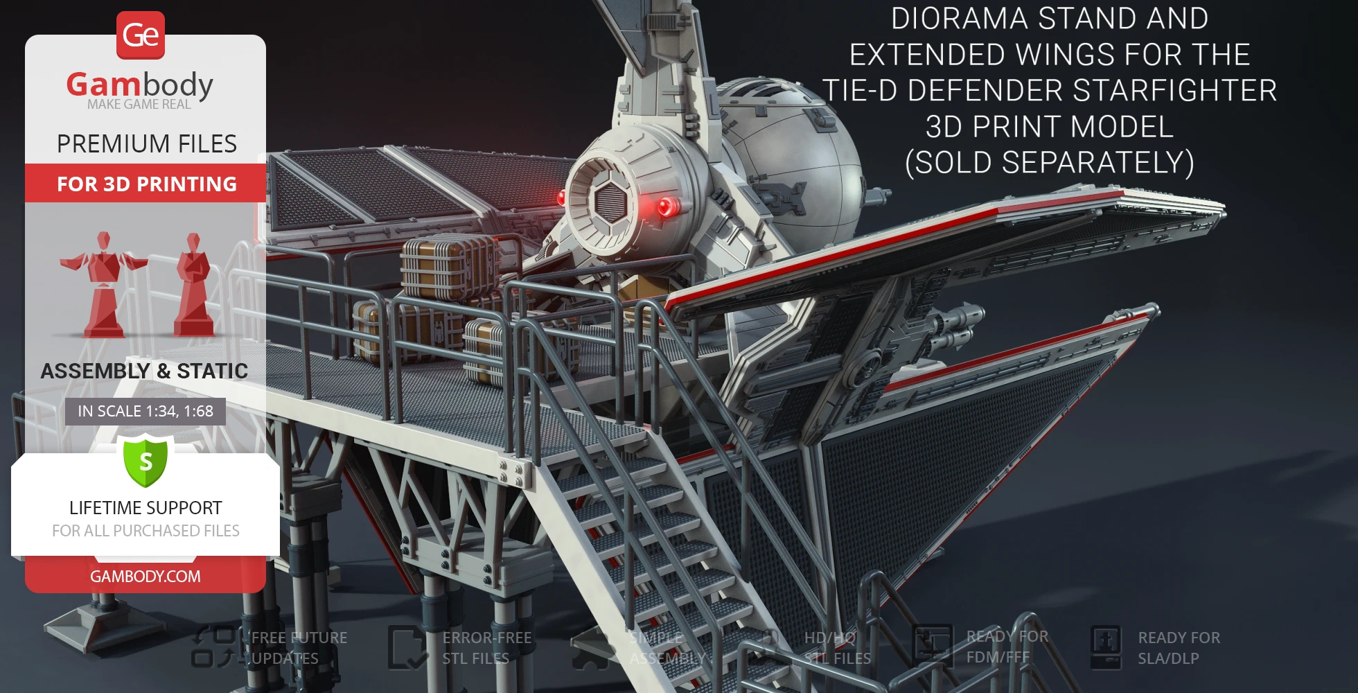 TIE-D Defender Starfighter model on a detailed diorama stand for 3D printing.