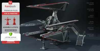 TIE/d Defender 3D model for printing with detailed wings and cockpit on display stand.