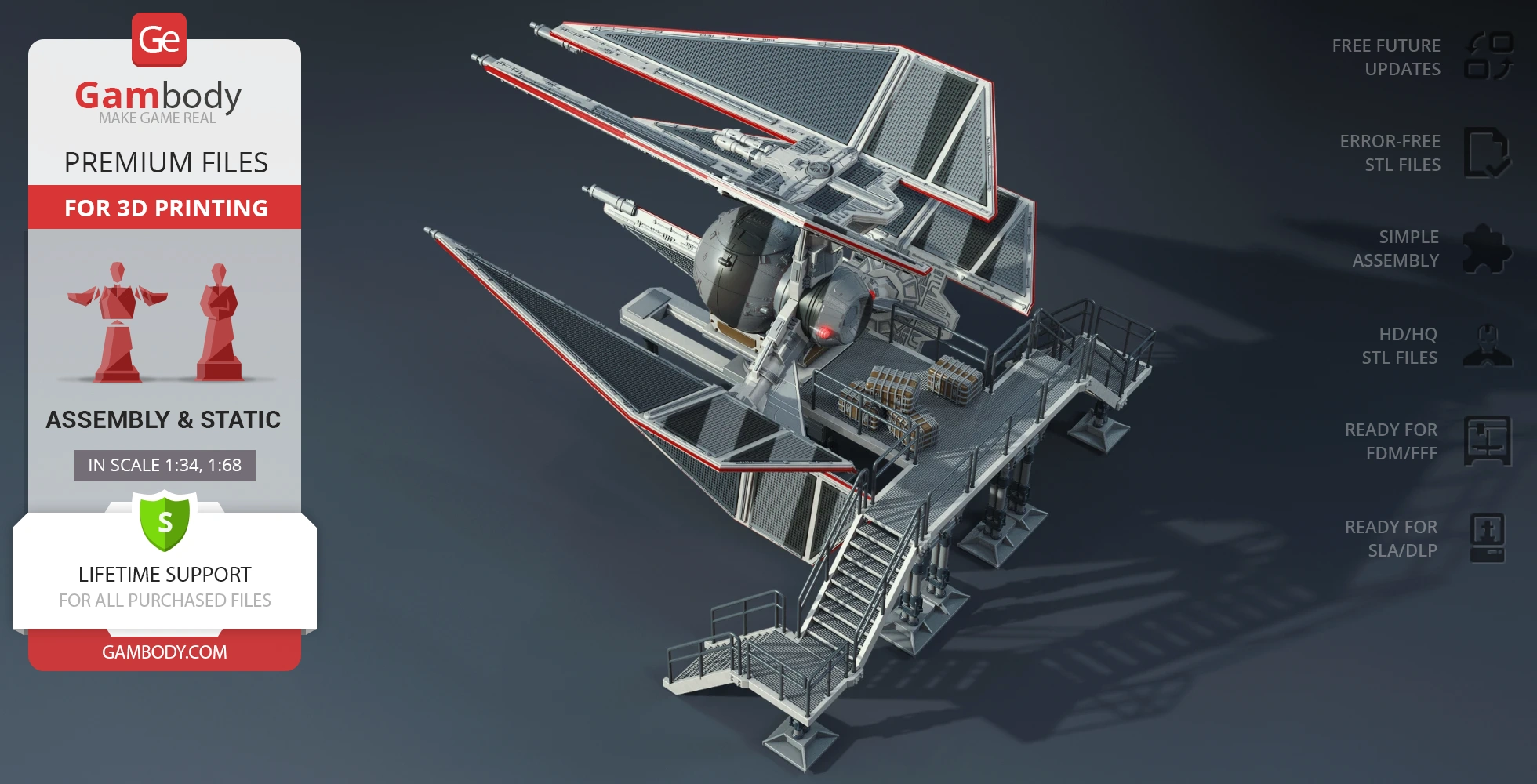 3D model of TIE Defender Elite from Star Wars on a display platform for printing.