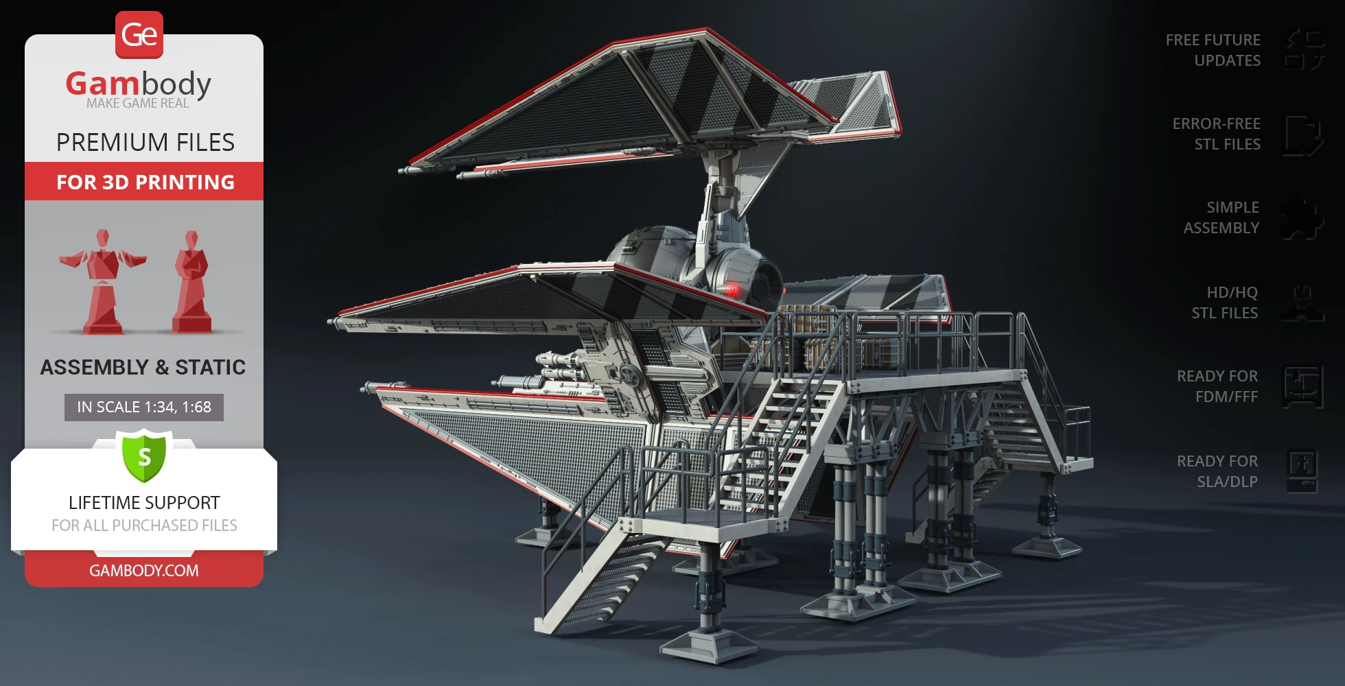 Futuristic spacecraft model with three angled wings and detailed surface textures, designed for 3D printing.