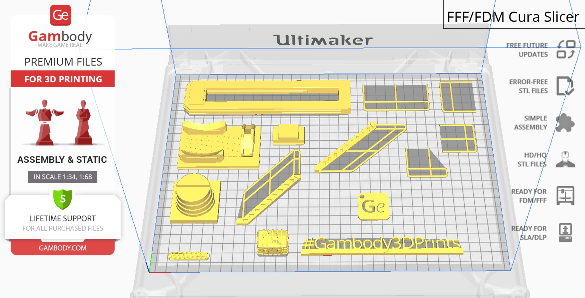 3D print layout of TIE Defender parts on Ultimaker Cura slicer from Gambody.