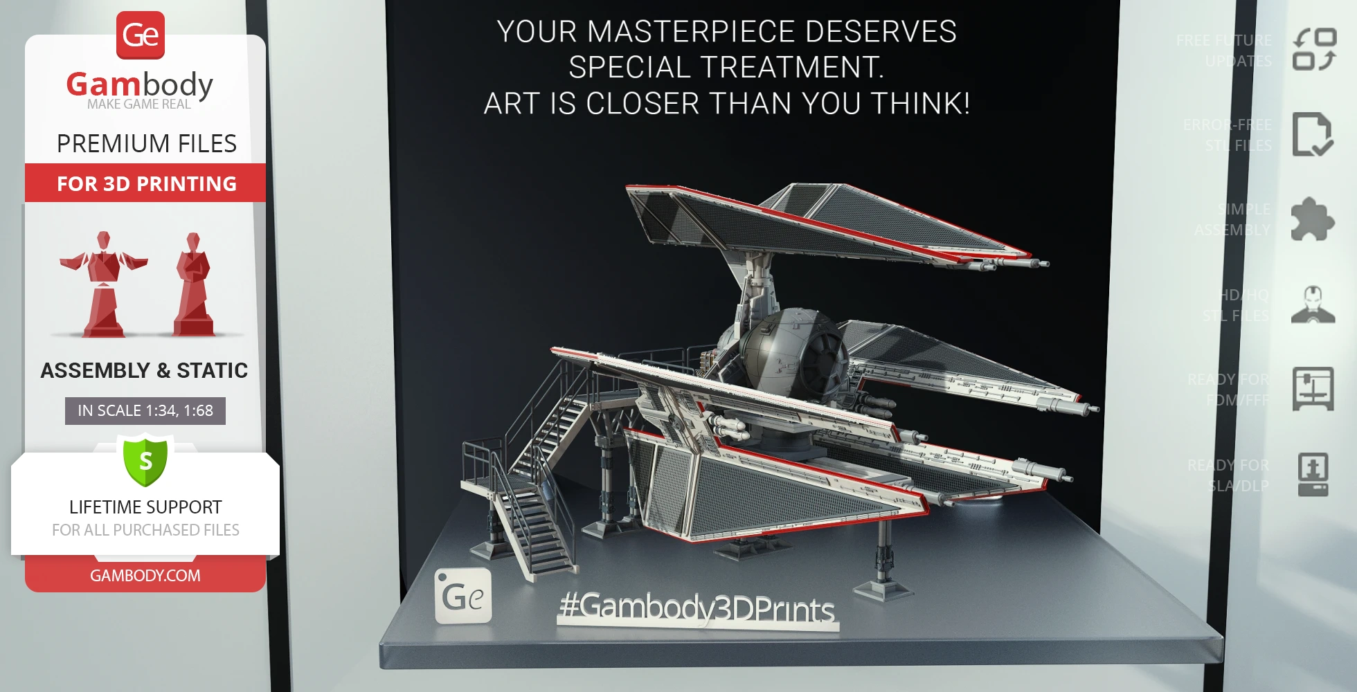 TIE-d Defender Elite model for 3D printing with detailed structure and display stand.