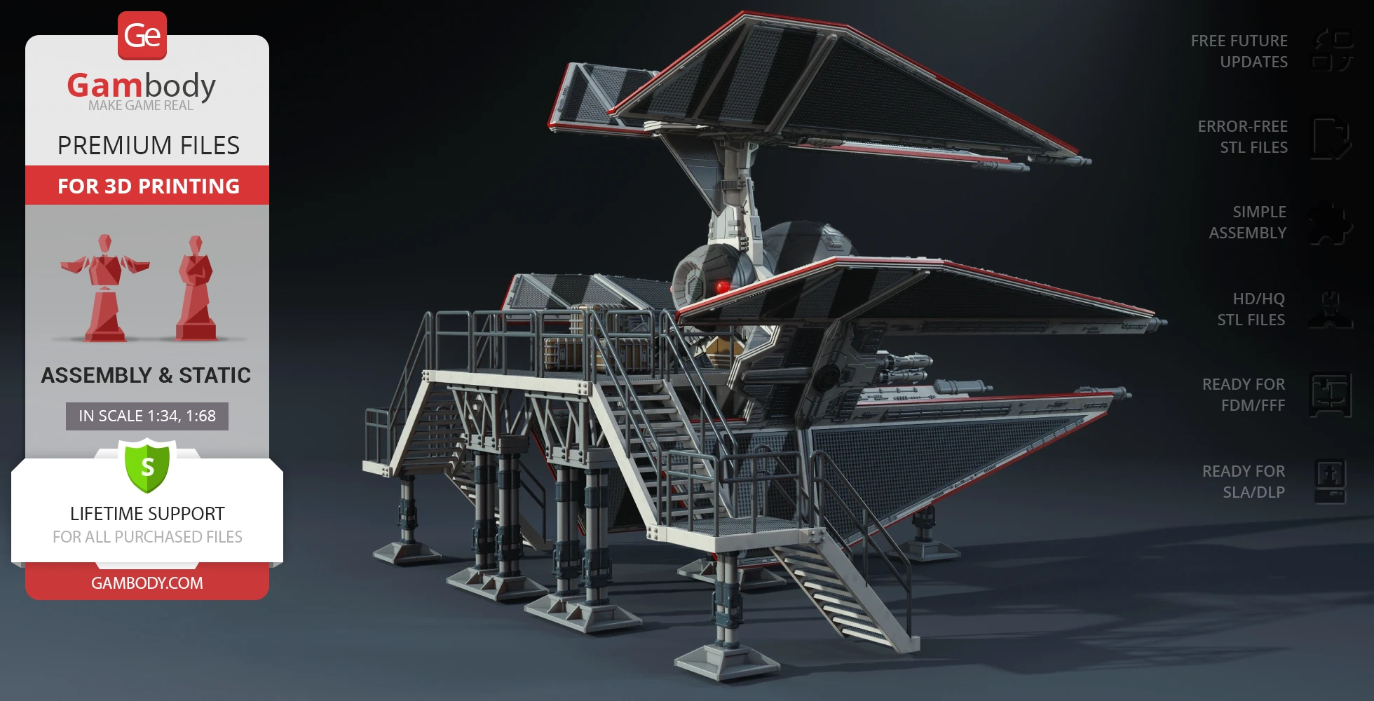 Star Wars TIE Defender Elite model on a landing platform, with details for 3D printing from Gambody.