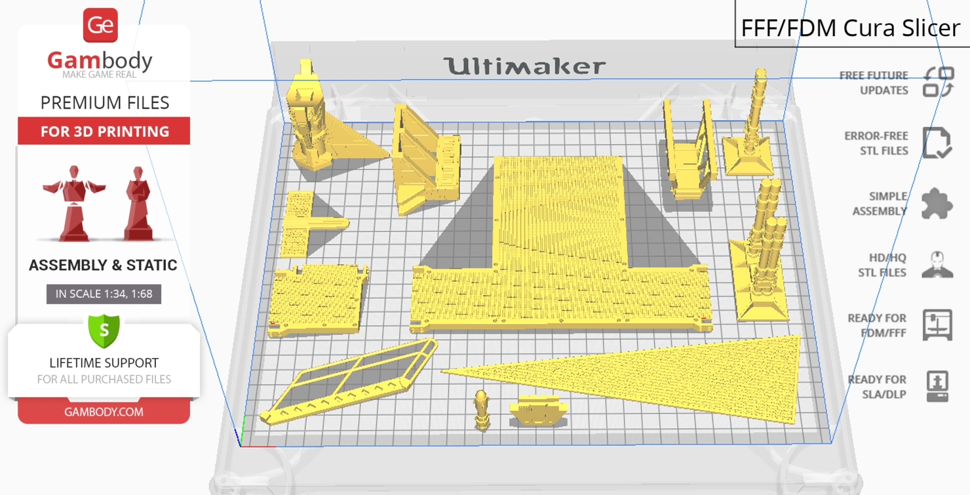 Various yellow 3D model parts for TIE Defender, displayed in Cura slicer software, on a grid layout.