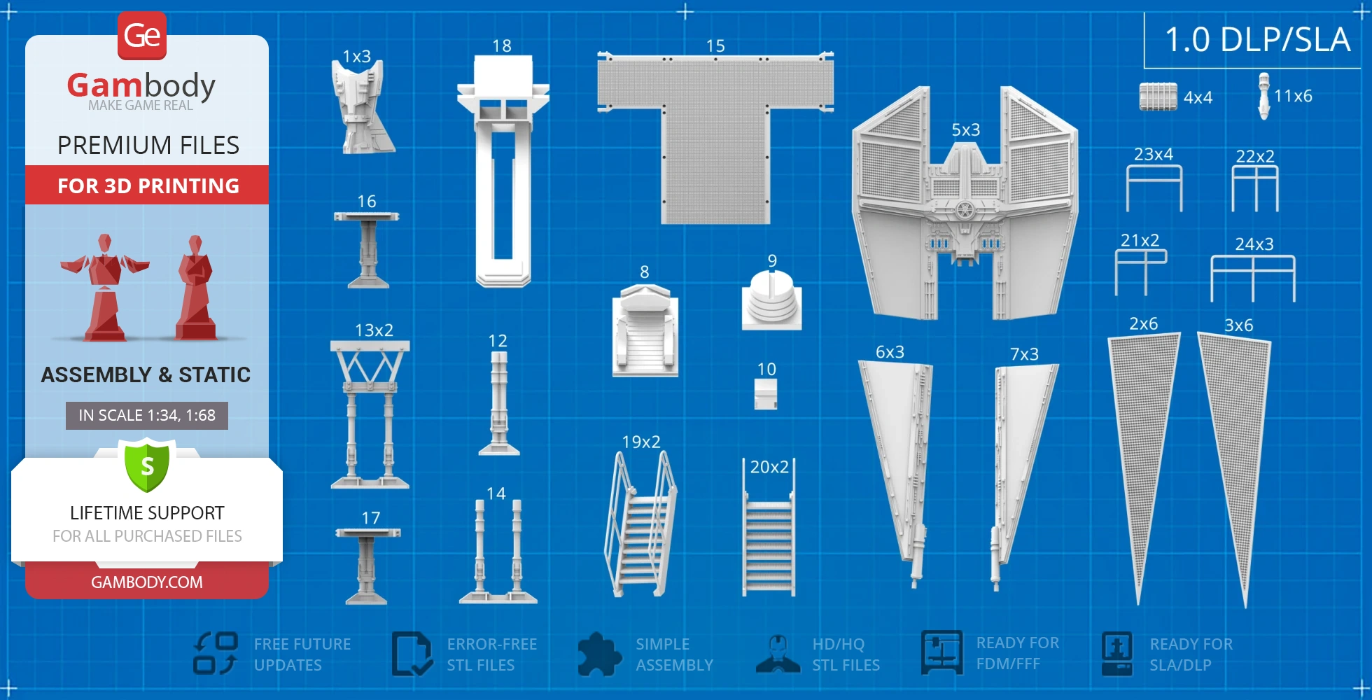 Blueprint showing parts for 3D printing a TIE Defender from Star Wars, including wings and cockpit.