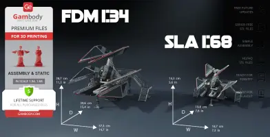 3D model of a TIE Defender Elite ship from Star Wars, shown in two scales with assembly instructions.