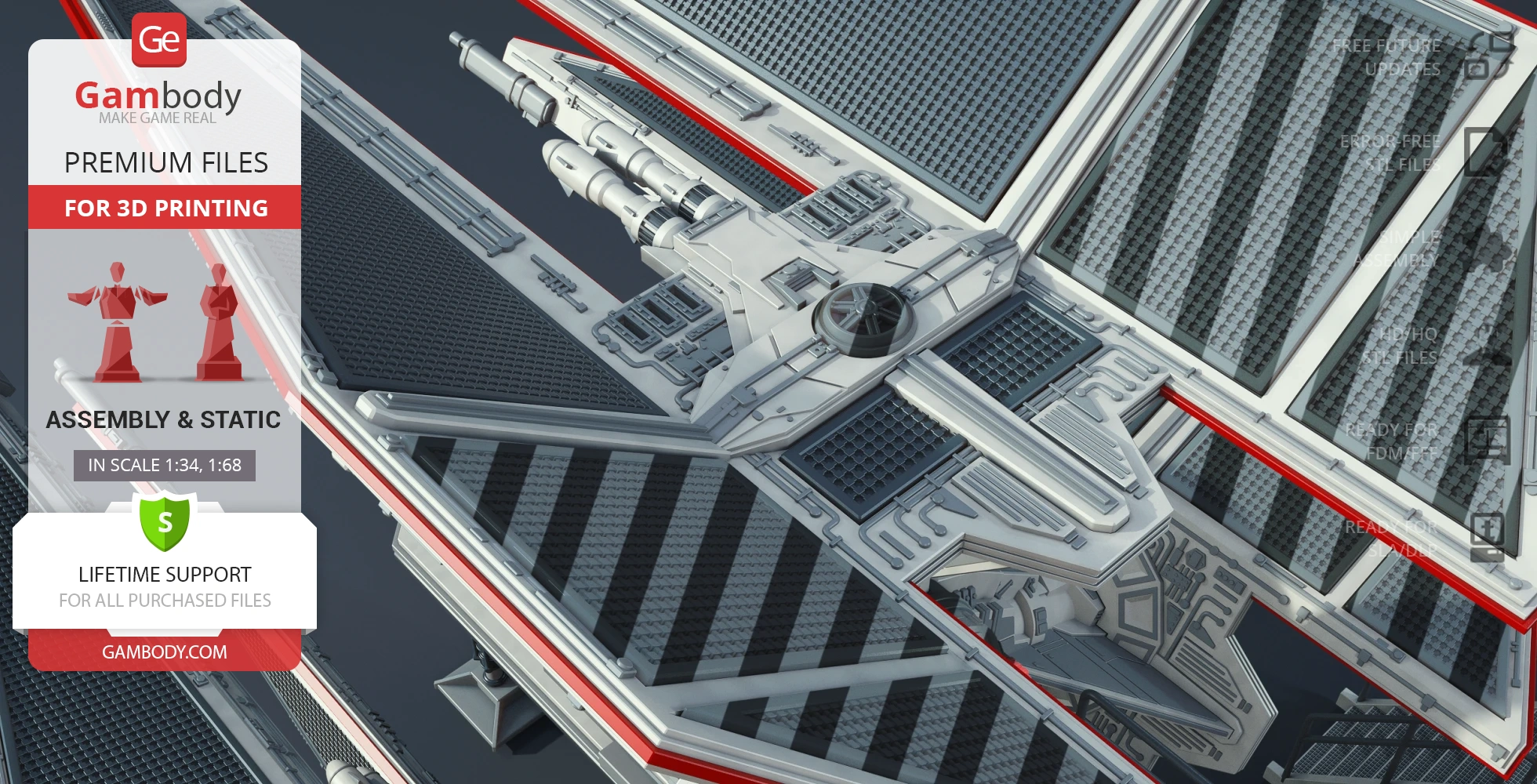 Detailed 3D model of a Star Wars TIE Defender Elite ship with intricate paneling for 3D printing.