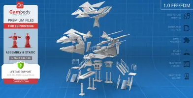 3D printable parts of a TIE Defender space vessel disassembled on a blueprint-style background.