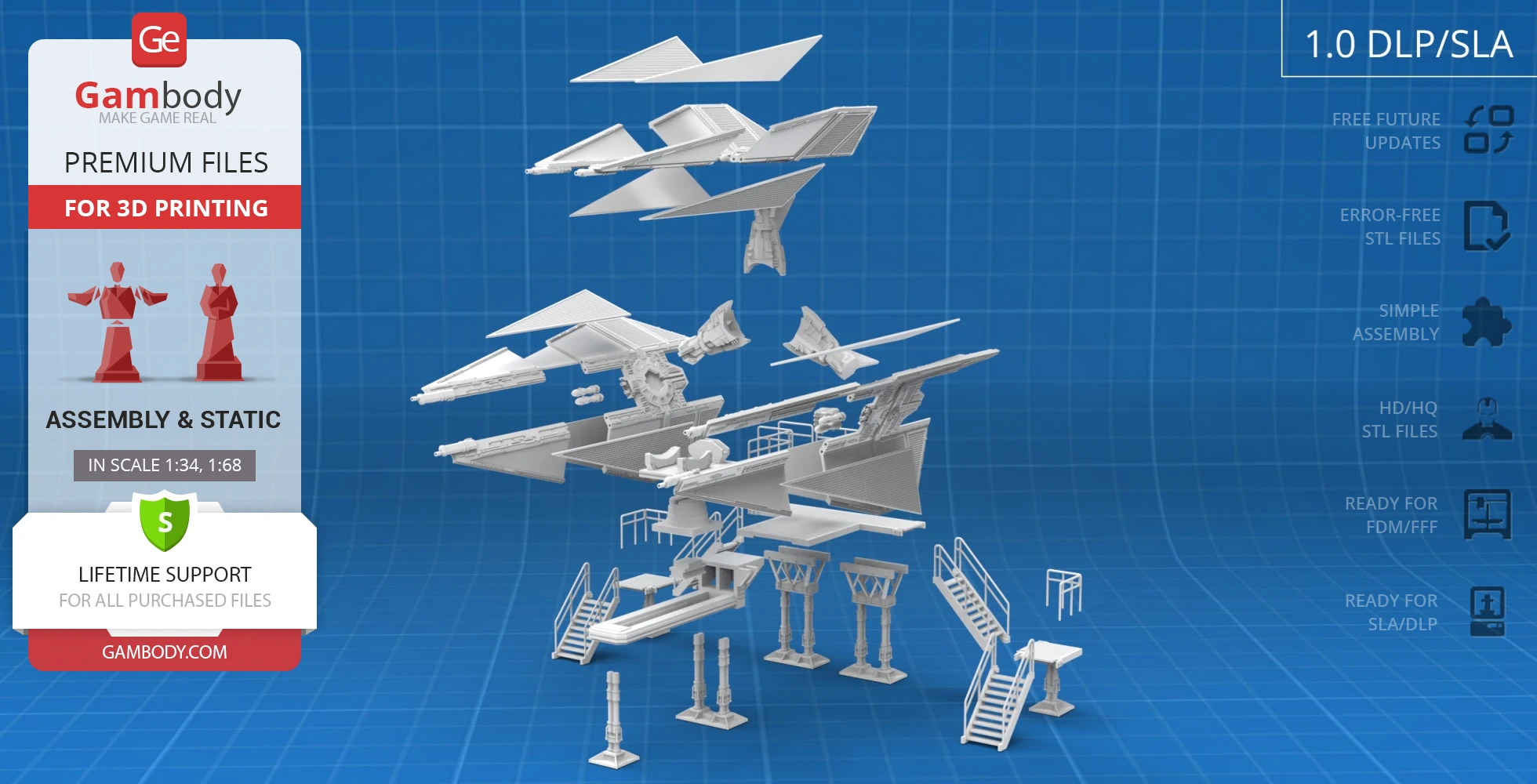Exploded view of 3D printable TIE Defender model parts from Star Wars, with assembly instructions.