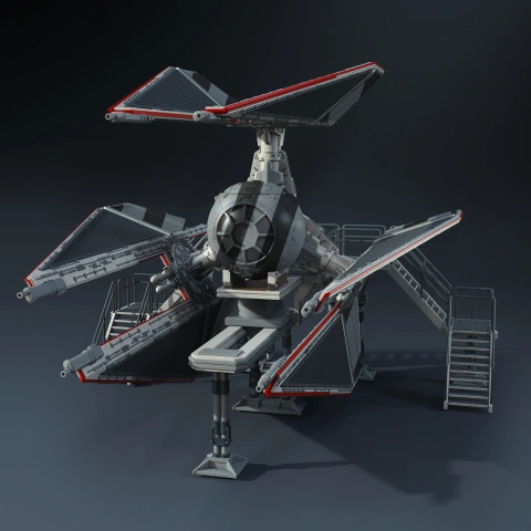 Futuristic spacecraft model with three angular wings, central cockpit, and surrounding ladders.