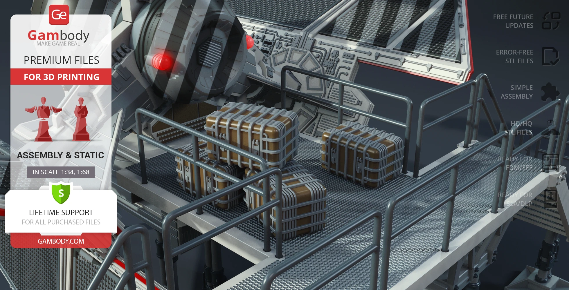 A detailed 3D model of a TIE Defender Elite's platform with cargo crates and sci-fi elements.