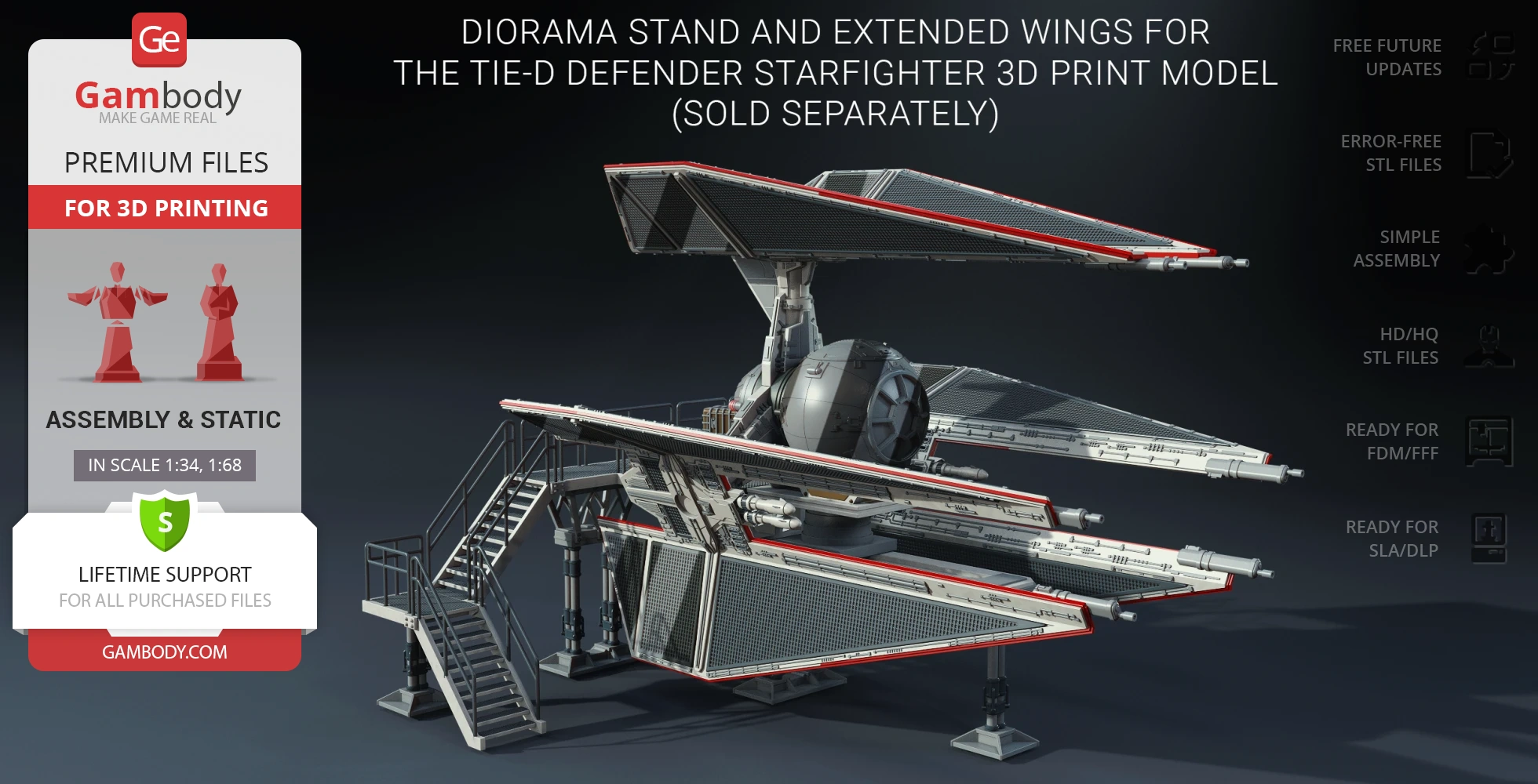 3D model of a TIE-D Defender with extended wings on a diorama stand for 3D printing by Gambody.