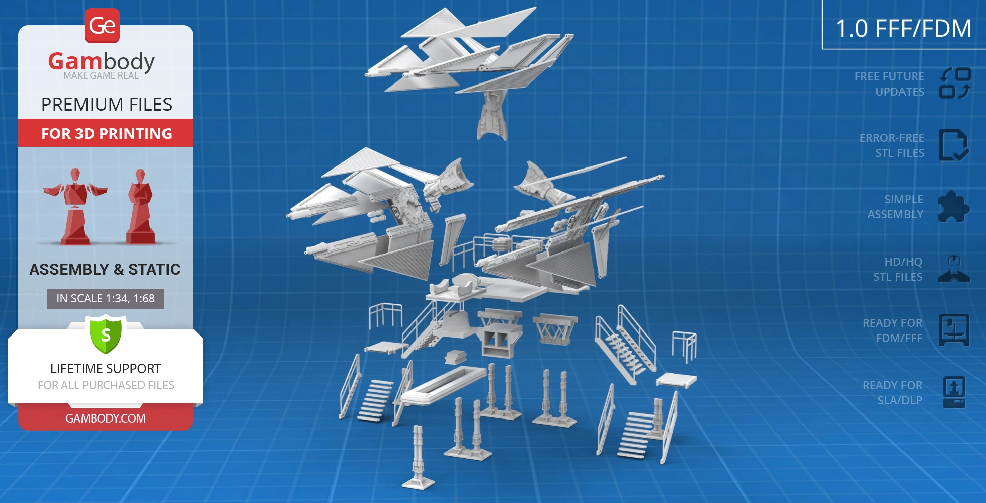 3D printable parts of a TIE Defender space vessel disassembled on a blueprint-style background.