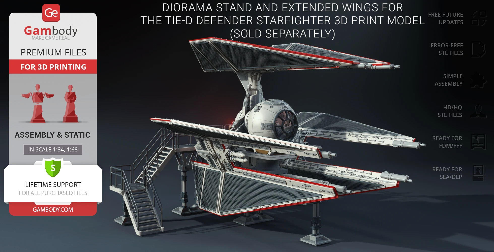 A detailed 3D model of a TIE Defender spaceship from Star Wars with diorama stand and extended wings.