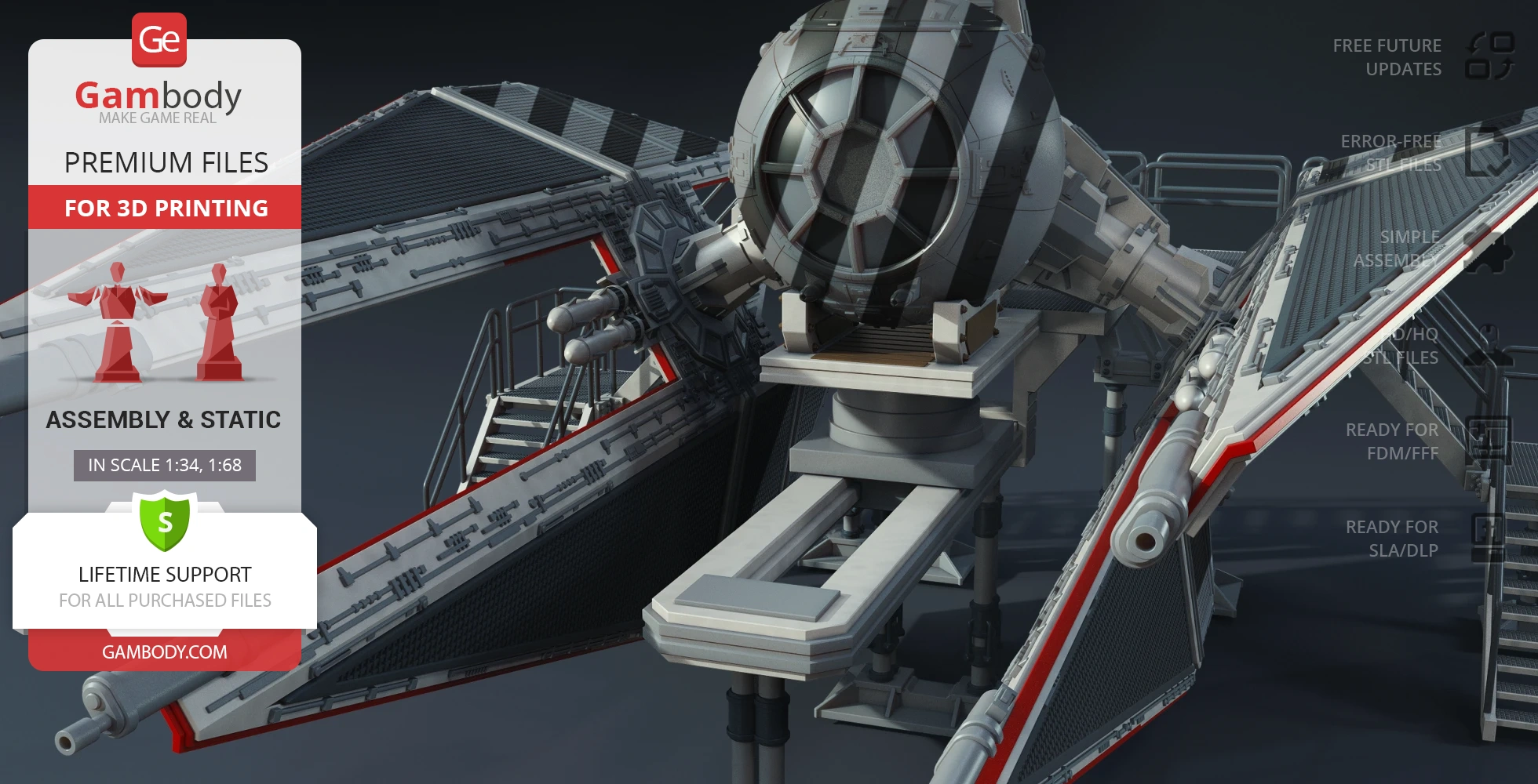 TIE Defender Elite 3D model showcasing intricate details and assembly options for 3D printing.