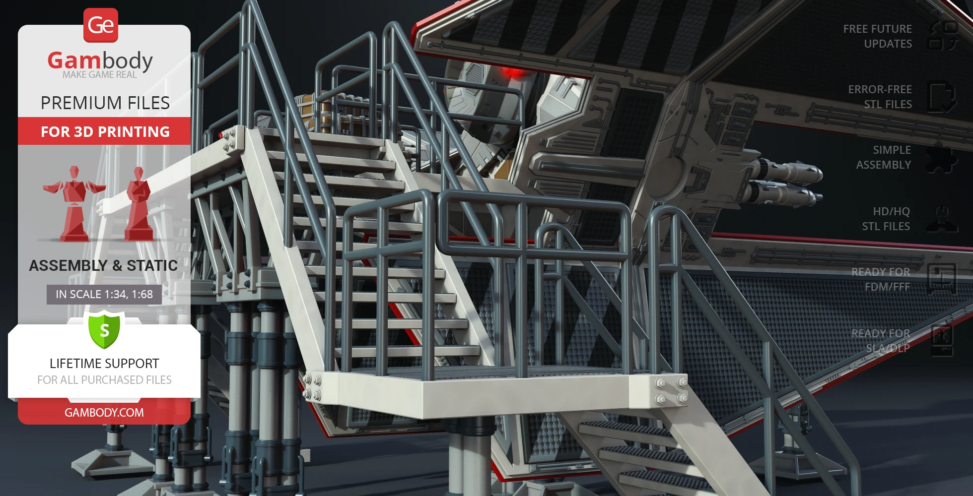 Sci-fi platform with stairs and railings adjacent to a detailed space vehicle structure.