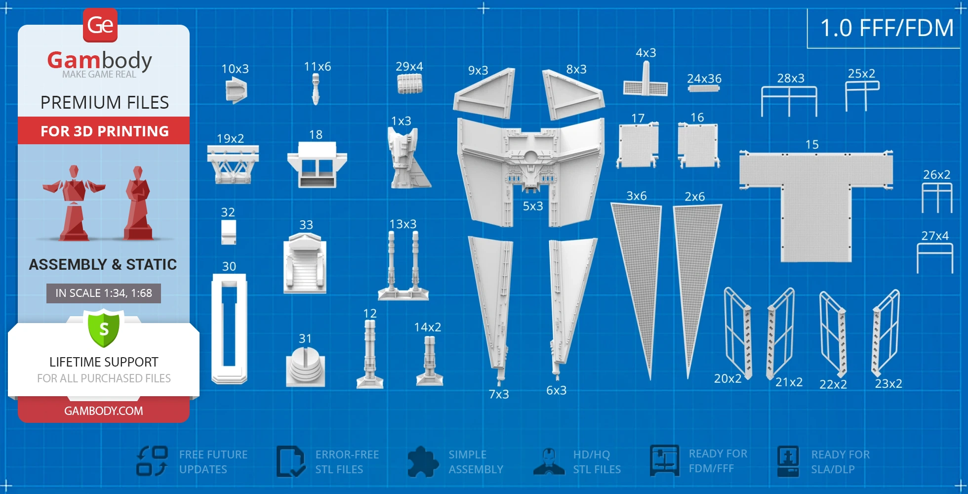 Blueprint of TIE Defender Elite parts for 3D printing, labeled with dimensions and quantities.