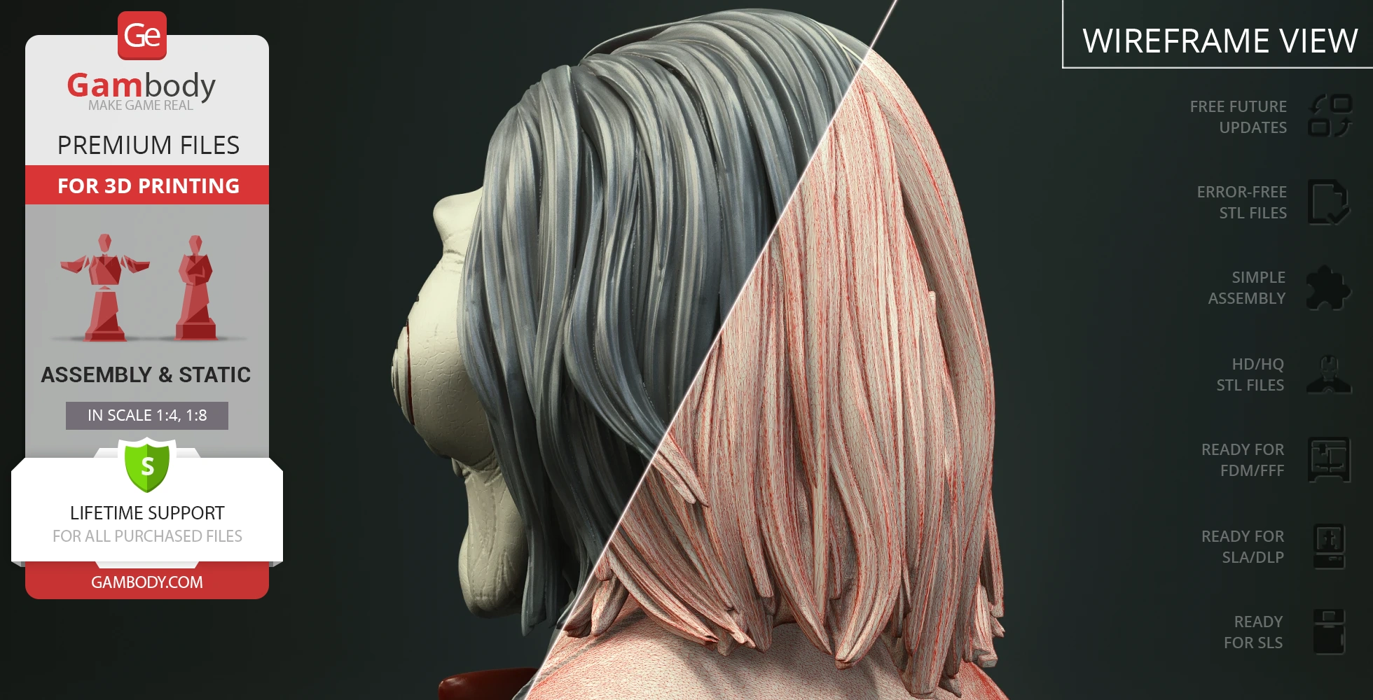 A detailed 3D model of a puppet's head with grey hair, featuring a wireframe view on one side.