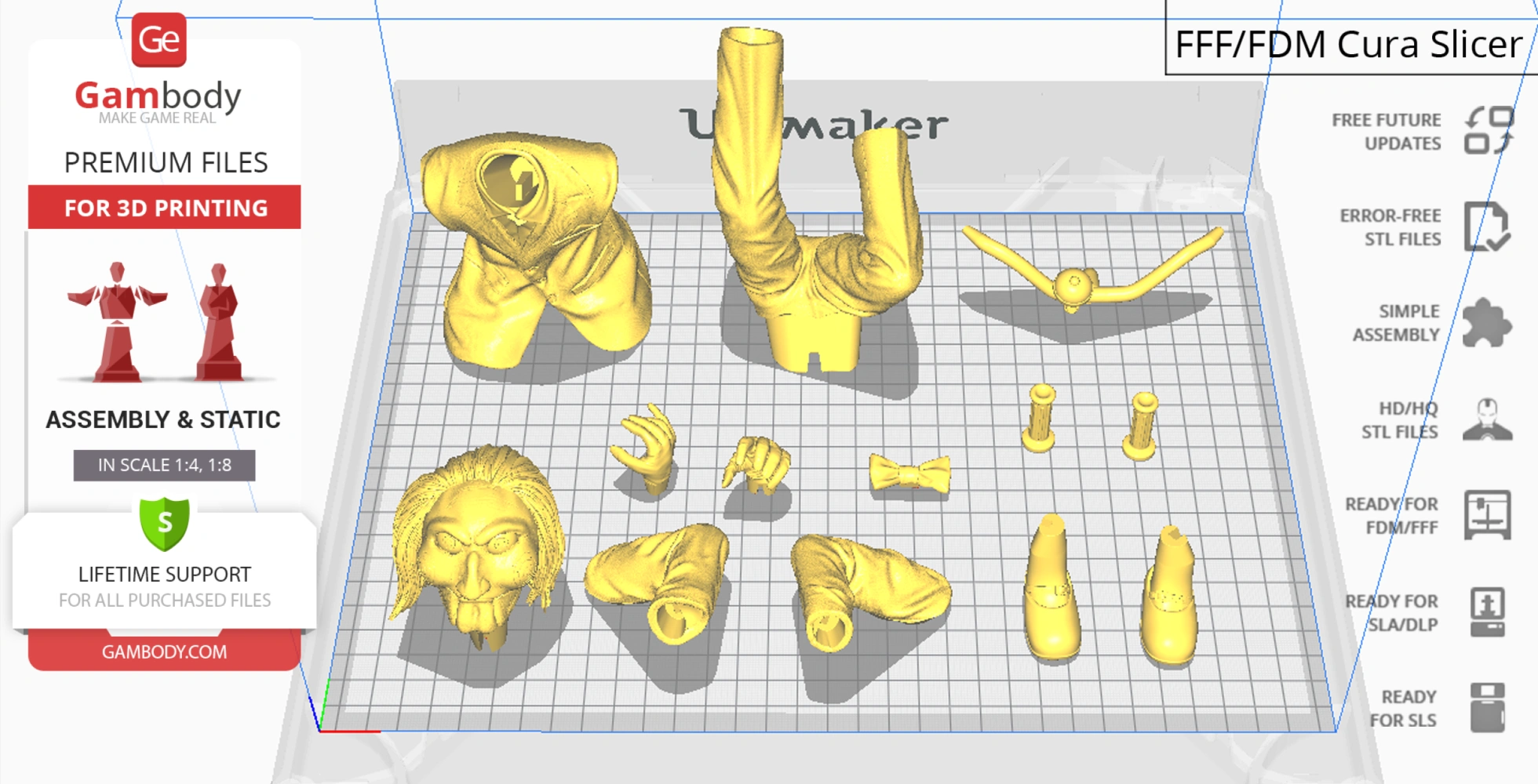 3D print model parts for a puppet, including head, limbs, and a bowtie, ready for assembly.
