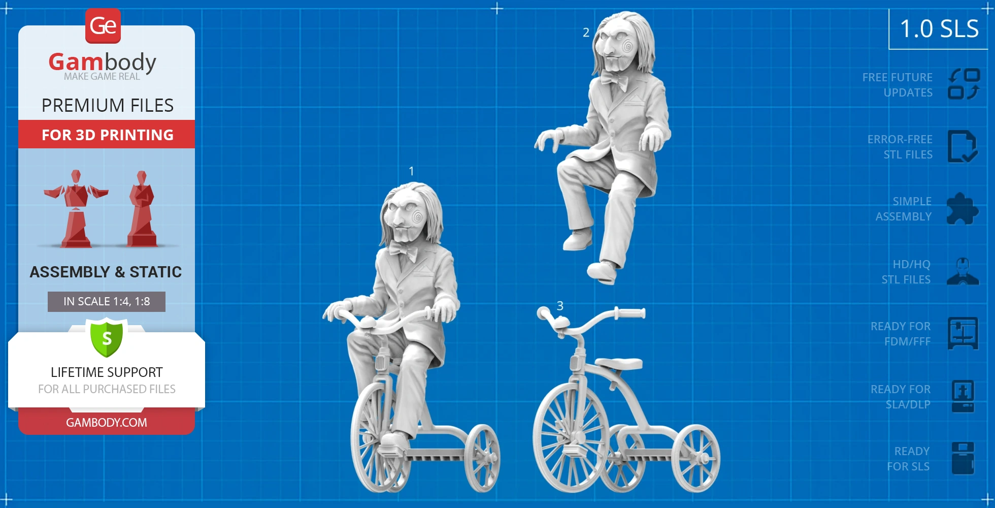 3D model of a puppet on a tricycle, detailed for printing, shown in seated and riding poses.