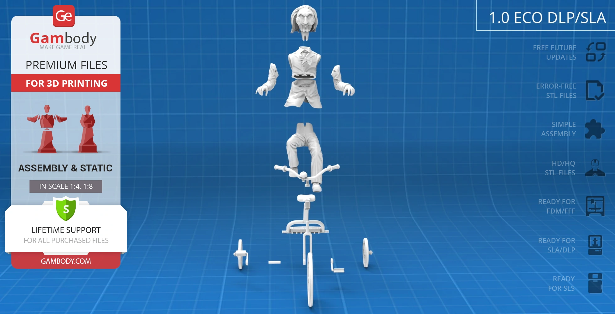3D assembly of a puppet on a tricycle, with separated body parts for printing.