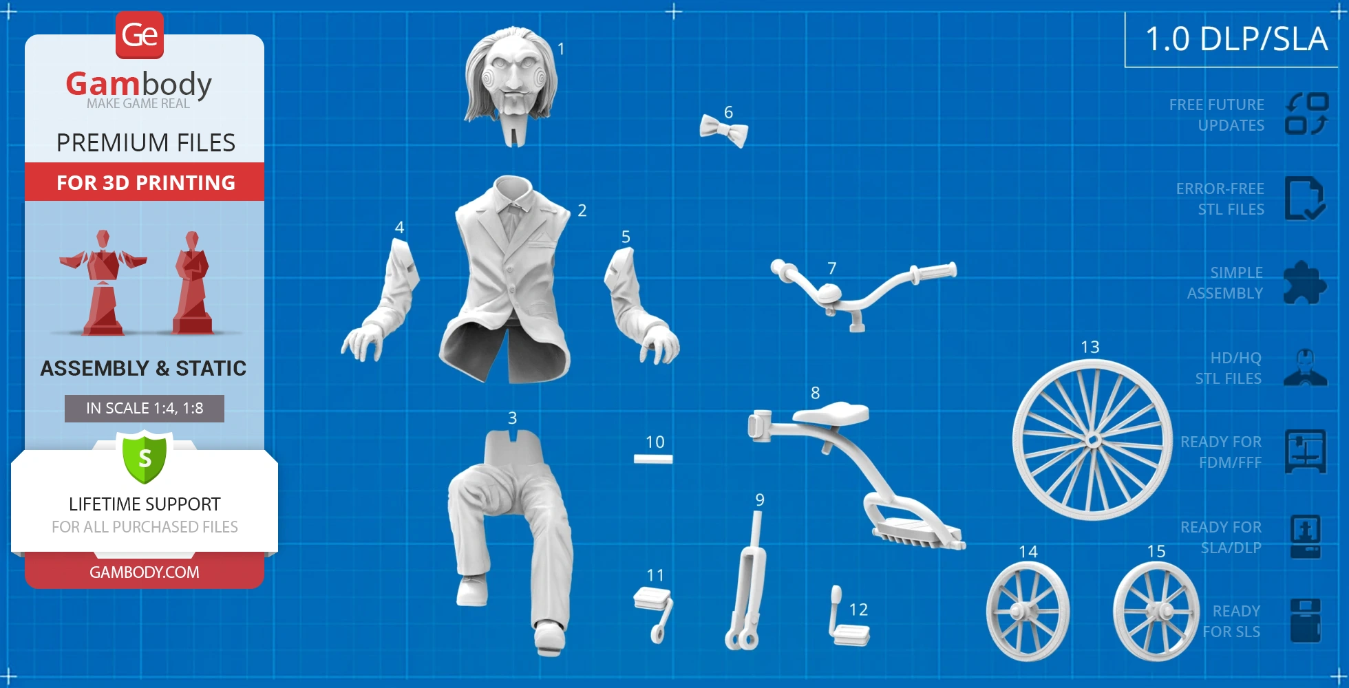 Parts layout for assembling a 3D model of a puppet with a tricycle, featuring a head, limbs, and wheels.