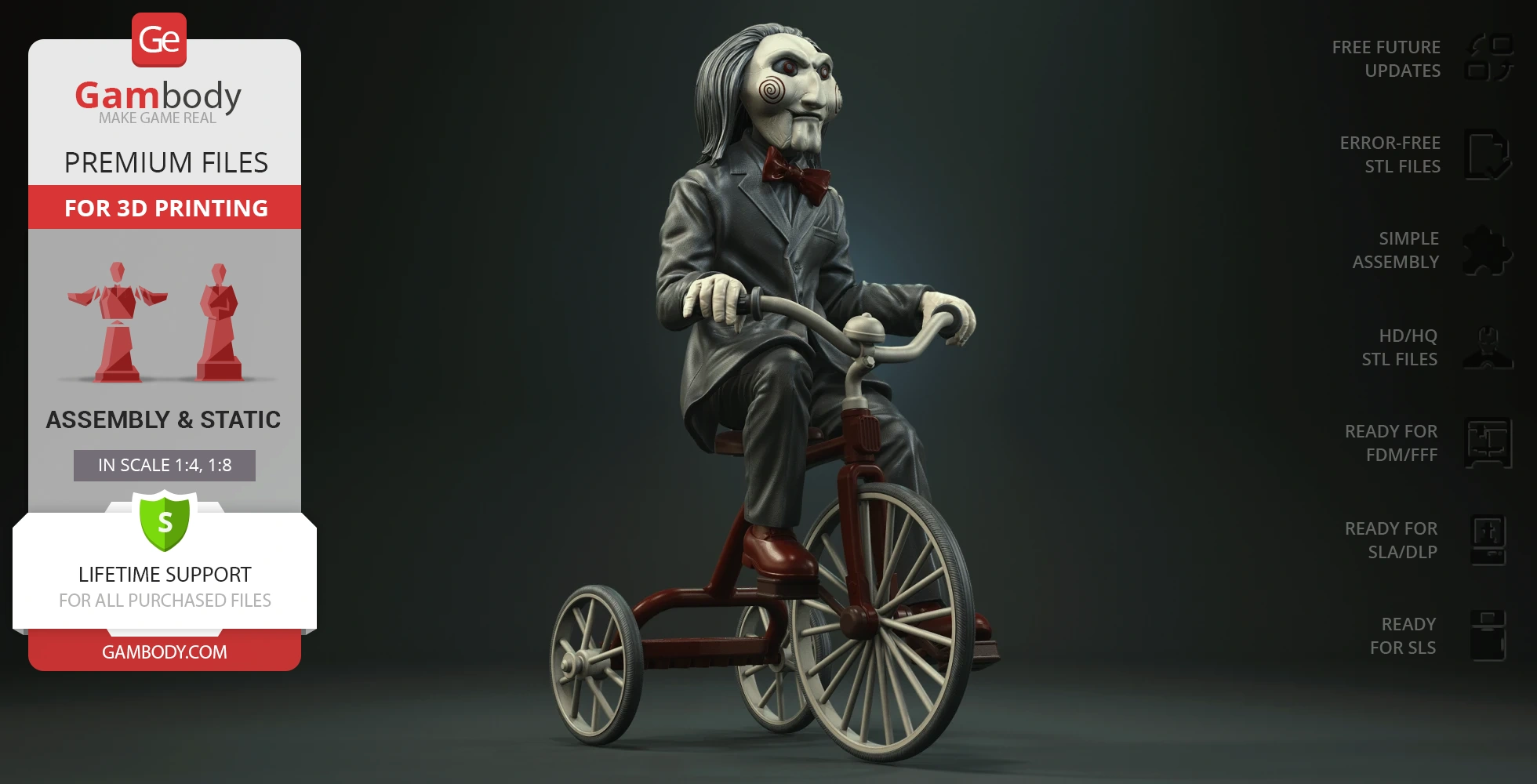 A creepy puppet with a suit and bow tie rides a tricycle.