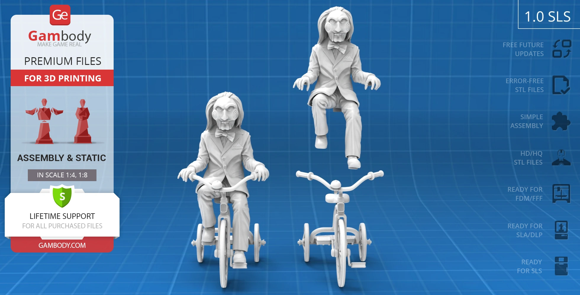 Creepy doll-like figure in suit on tricycle, in various poses for 3D printing.