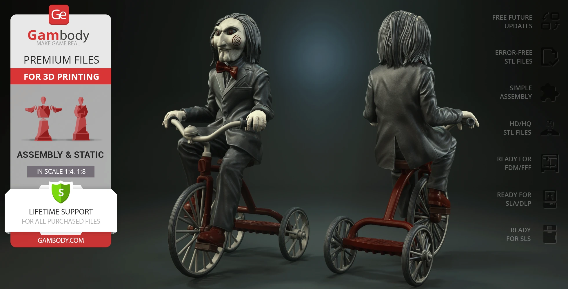 Creepy puppet in a suit on a tricycle, designed for 3D printing. Front and back views.