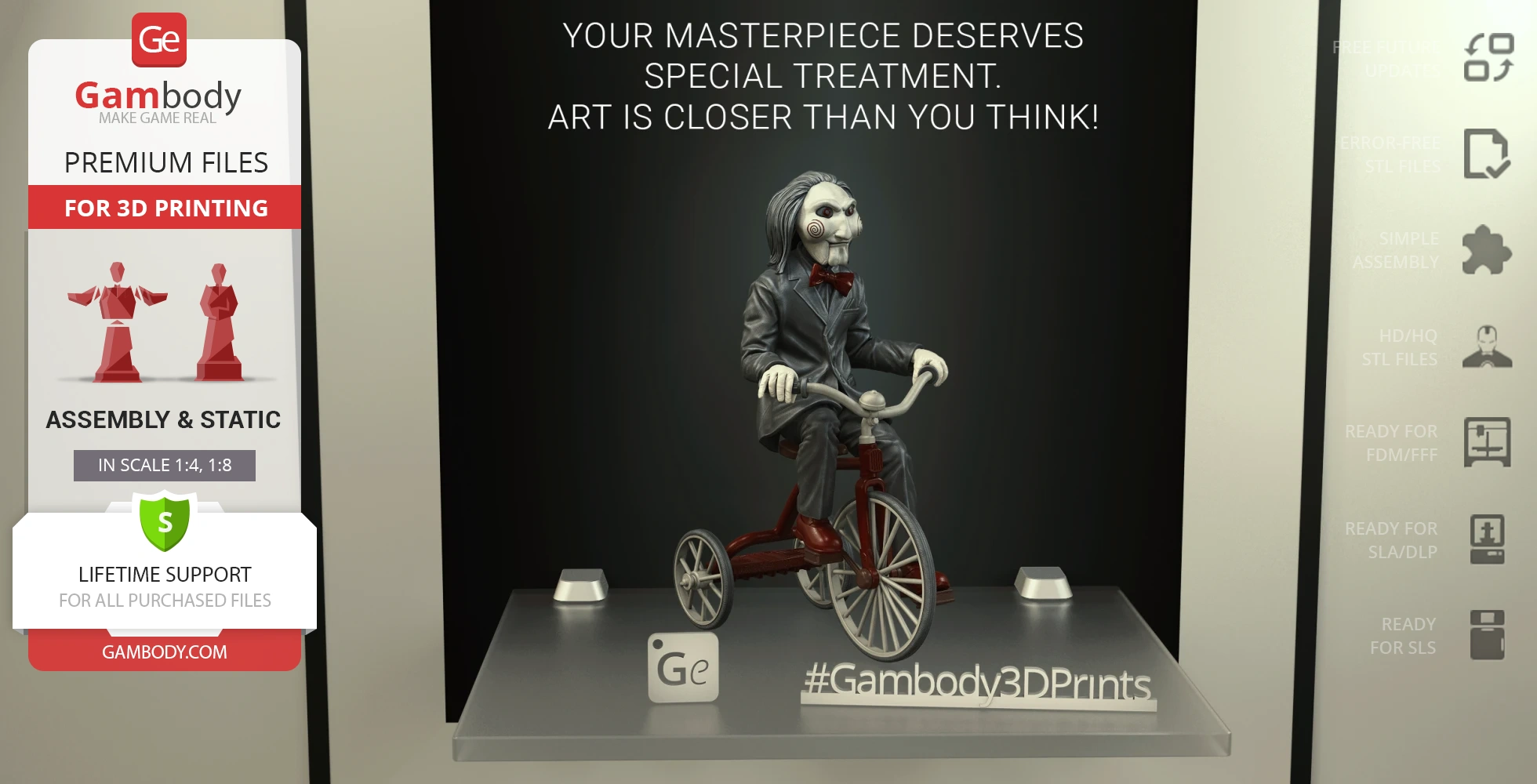 3D model of a puppet in a suit, riding a tricycle, displayed for 3D printing.
