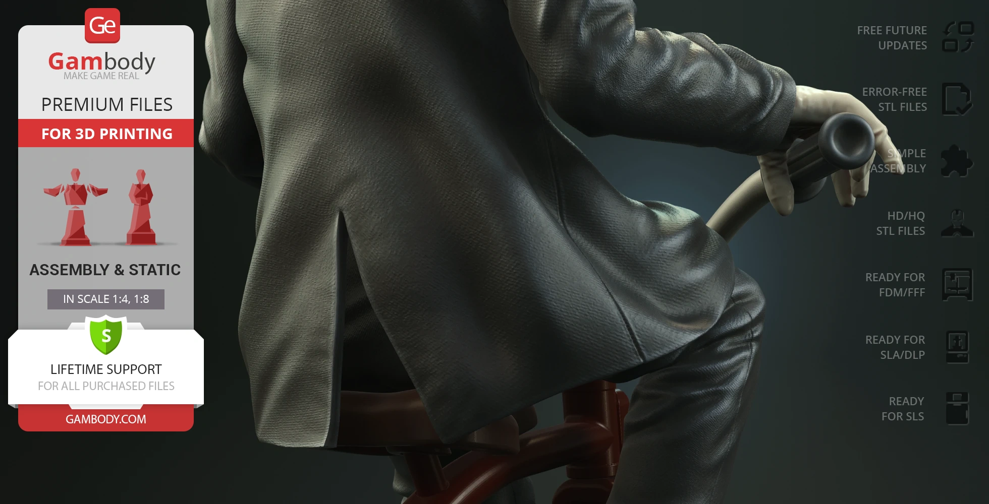 A close-up of a puppet riding a tricycle, wearing a dark suit, displayed on Gambody's 3D printing page.