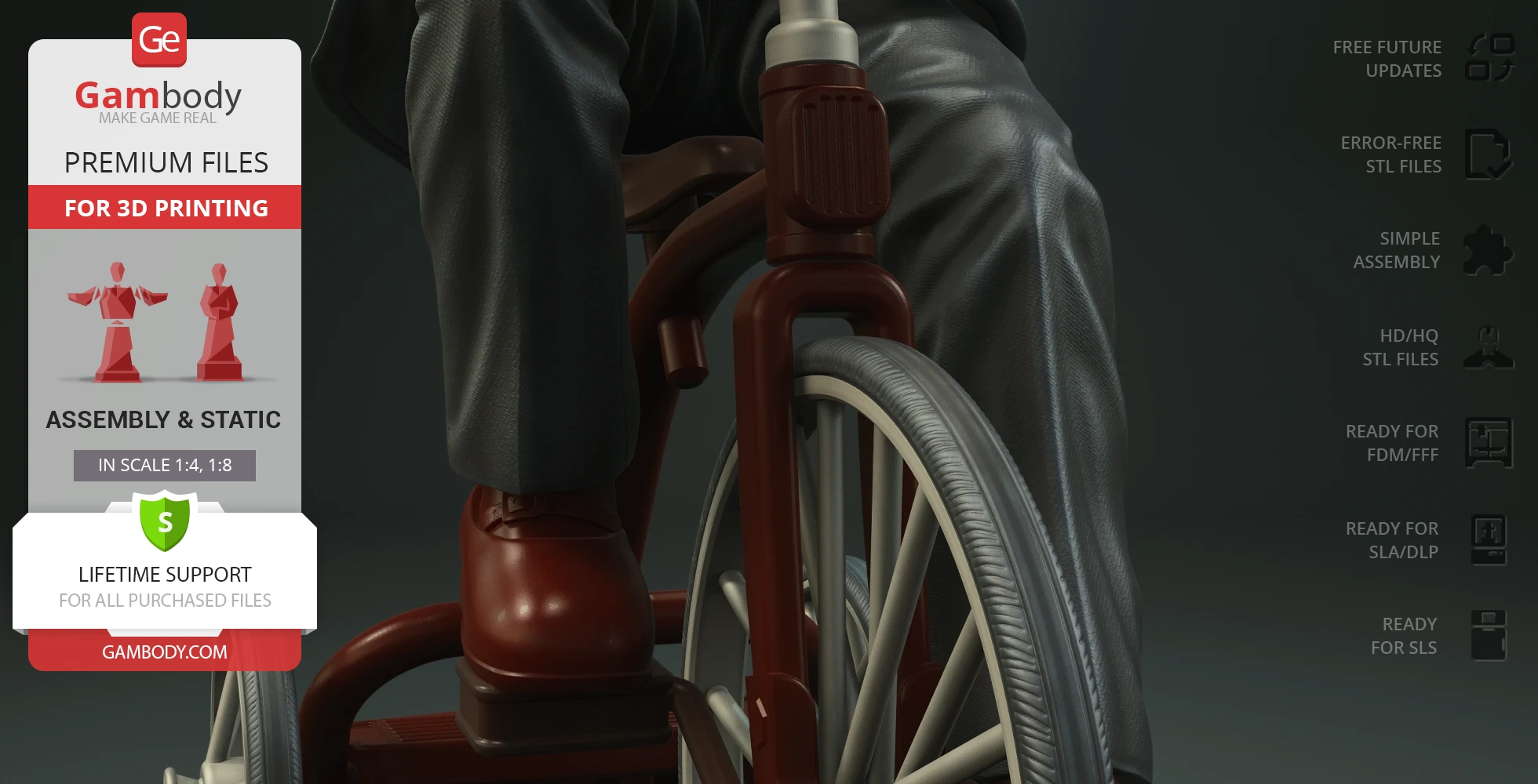 Close-up of a red tricycle wheel and black pants, showcasing 3D printing details for a horror model.