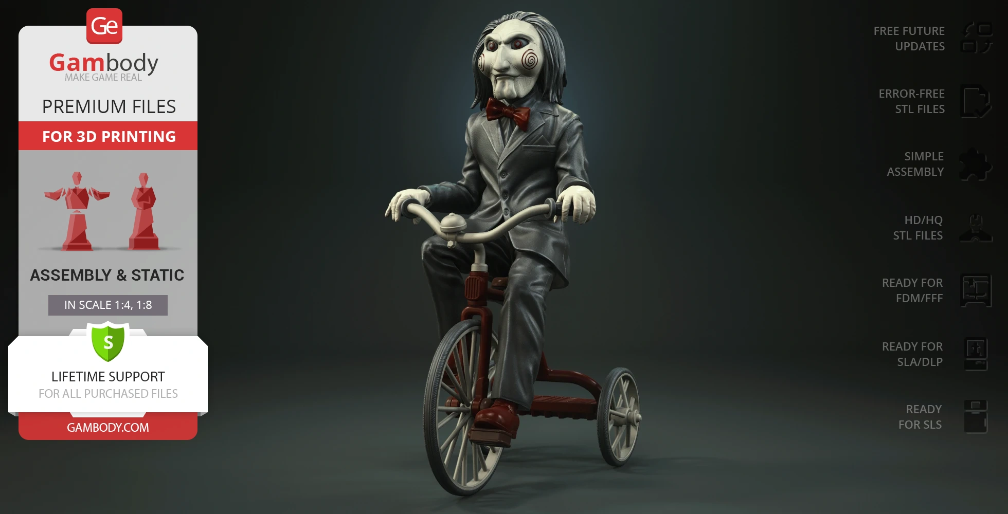 Puppet in a suit with red bow tie, riding a tricycle; horror-themed 3D model for printing.