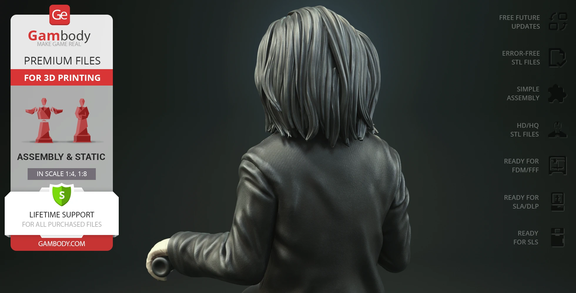 3D model of a puppet with black hair, viewed from the back, in a dark suit holding a scroll.
