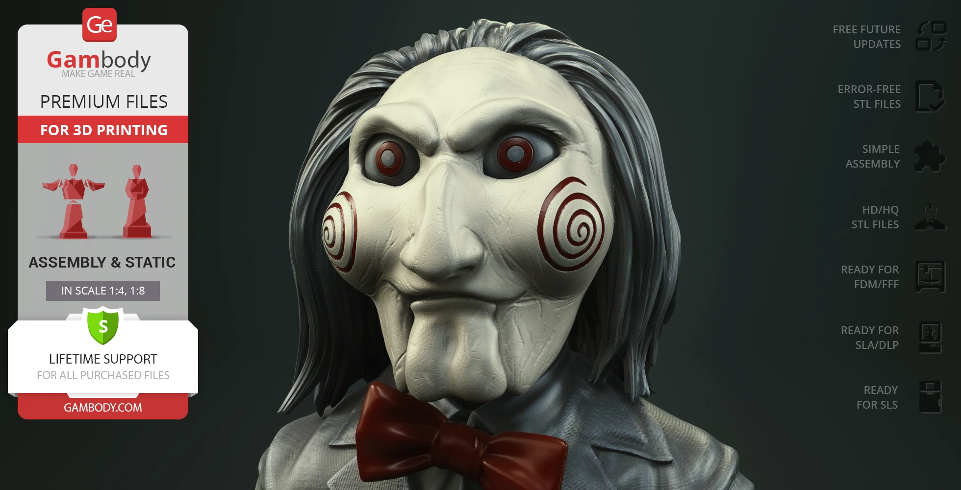 Creepy puppet head with long hair, red spiral cheeks, and red bow tie, designed for 3D printing.