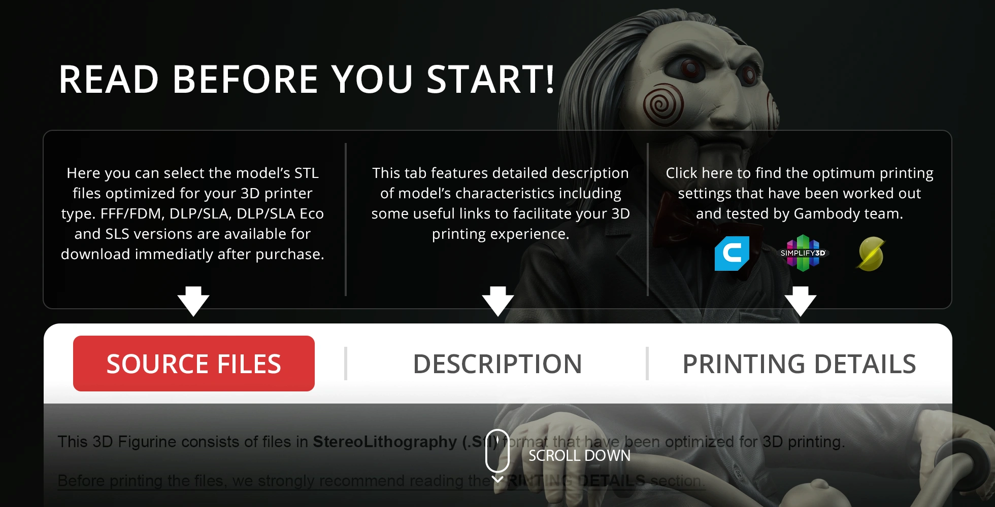 Creepy puppet figure with spiral cheeks and suit; 3D printing details and file source options displayed.