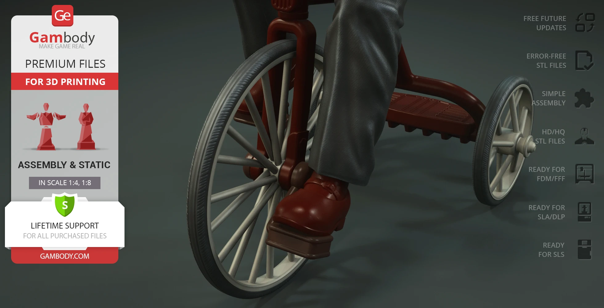 A close-up of red shoes and gray pants on a tricycle wheel, part of a 3D model for horror-themed printing.